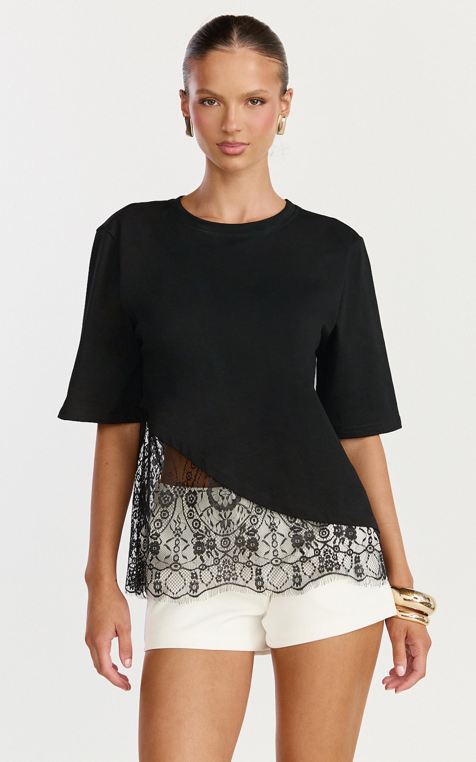 abby top - asym tee with lace trim in black