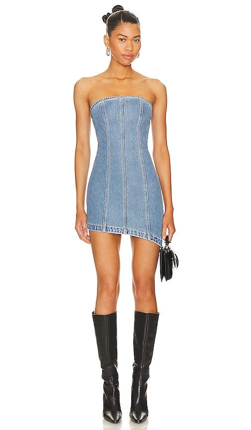 abrand georgia bustier mini dress in denim-light.