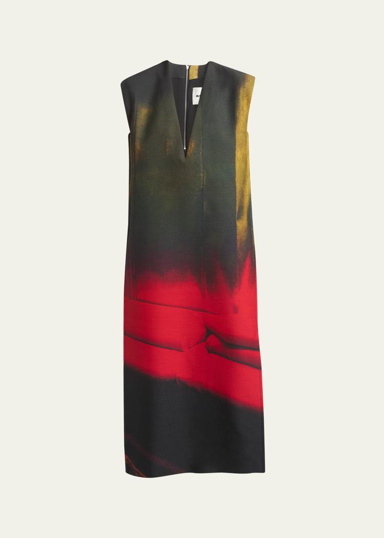 abstract deep v-neck sleeveless midi wool dress