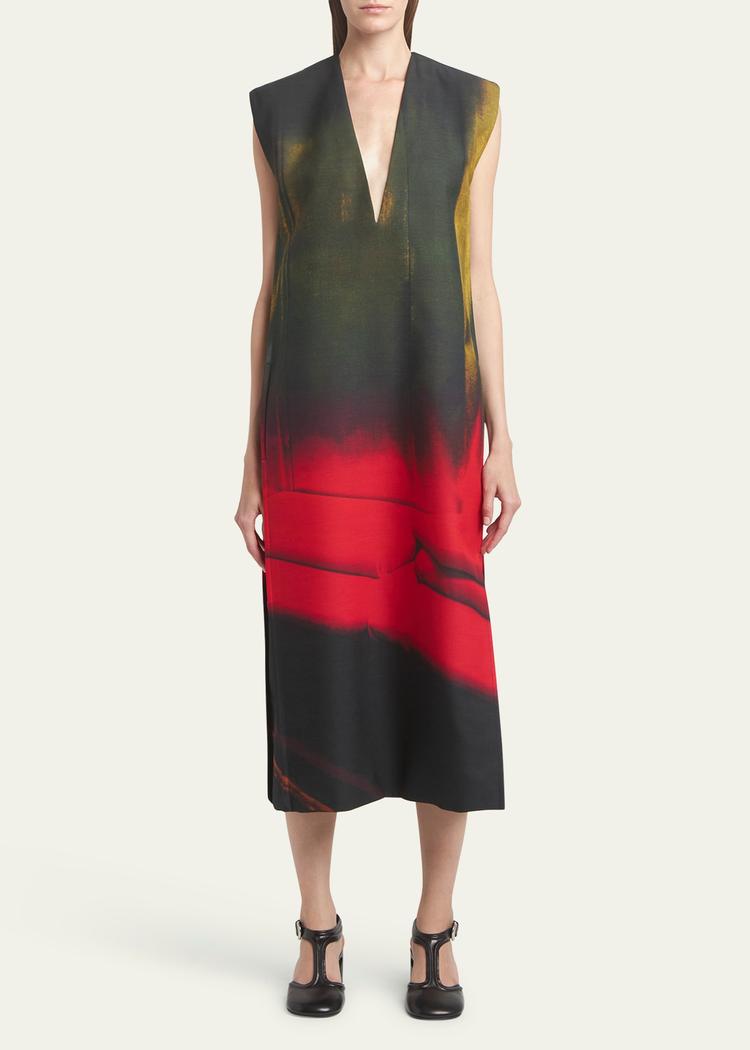 abstract deep v-neck sleeveless midi wool dress
