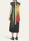 abstract deep v-neck sleeveless midi wool dress