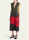 abstract deep v-neck sleeveless midi wool dress