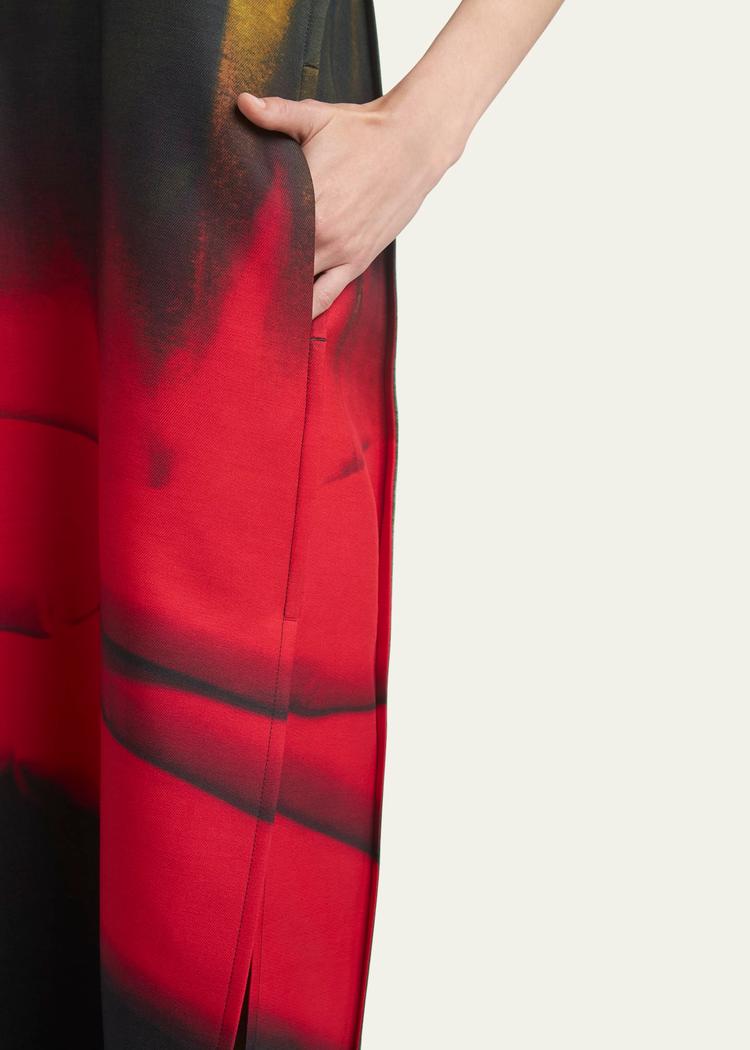 abstract deep v-neck sleeveless midi wool dress