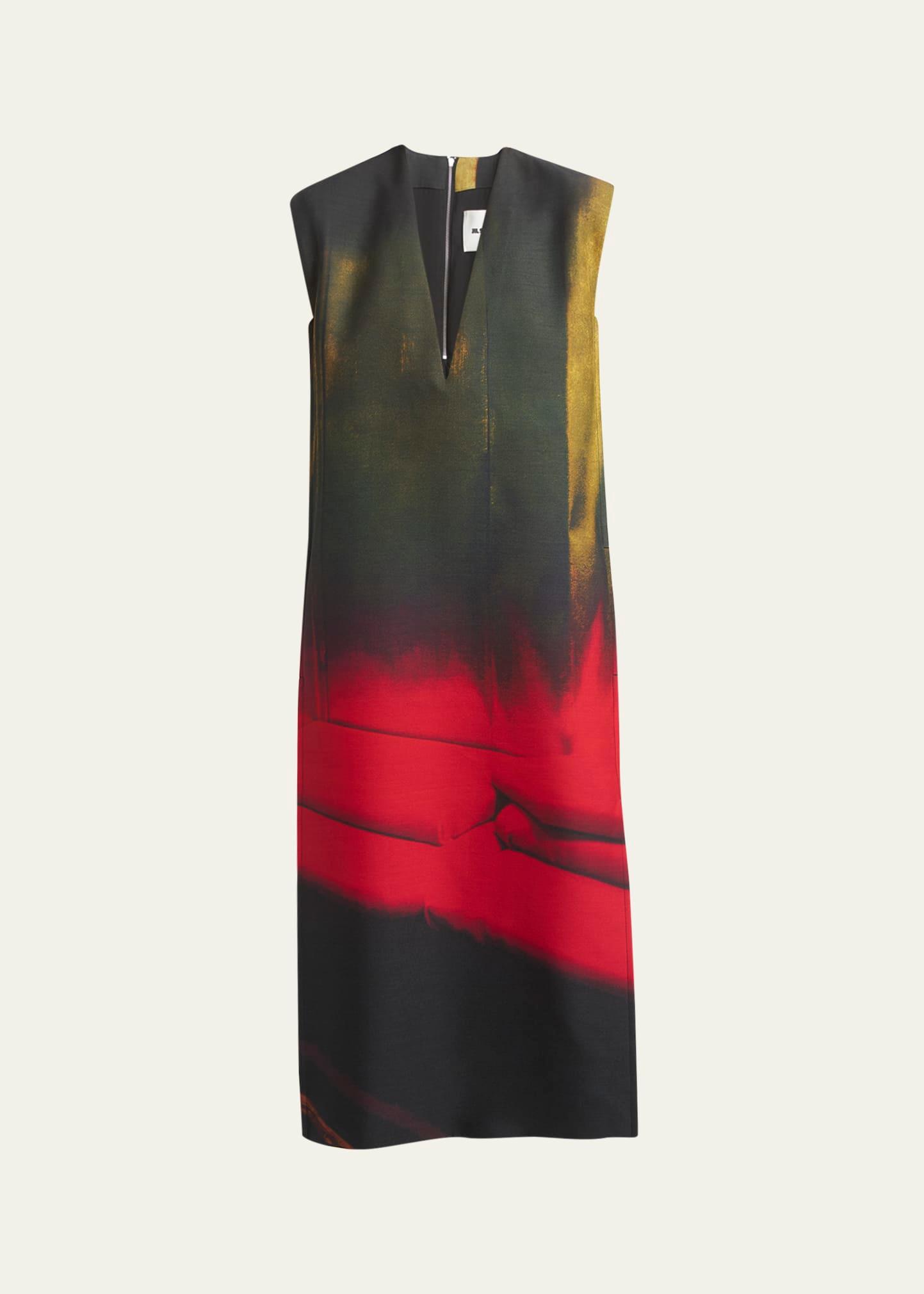 abstract deep v-neck sleeveless midi wool dress