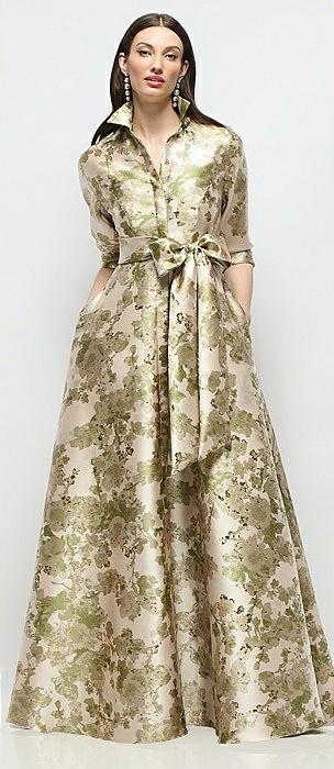abstract floral jacquard shirt dress gown with sash & jeweled buttons