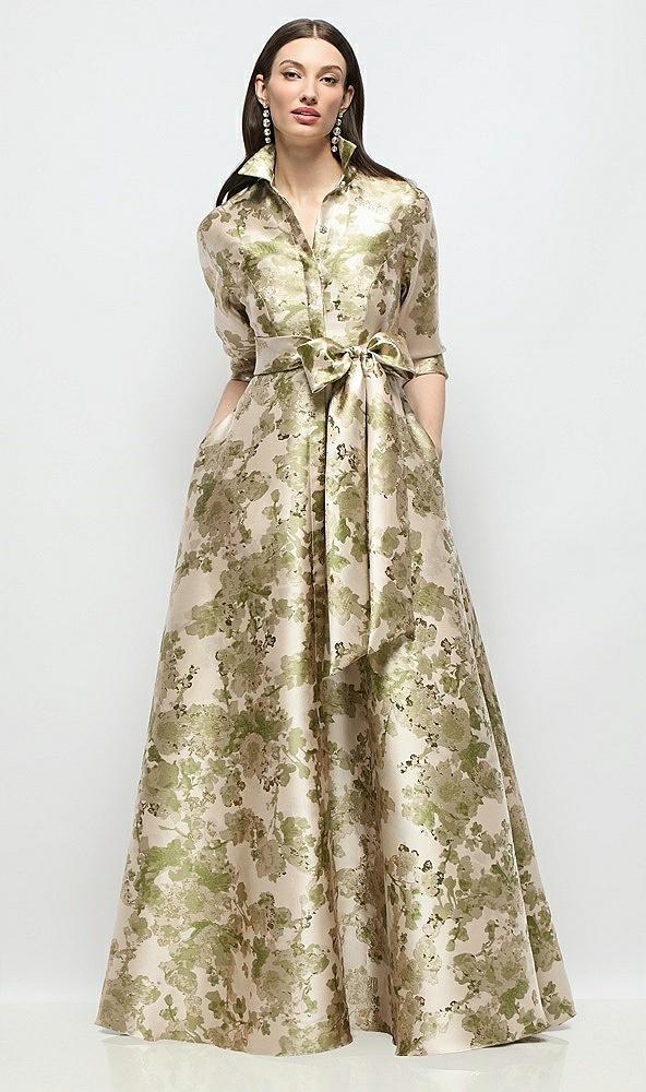 abstract floral jacquard shirt dress gown with sash & jeweled buttons