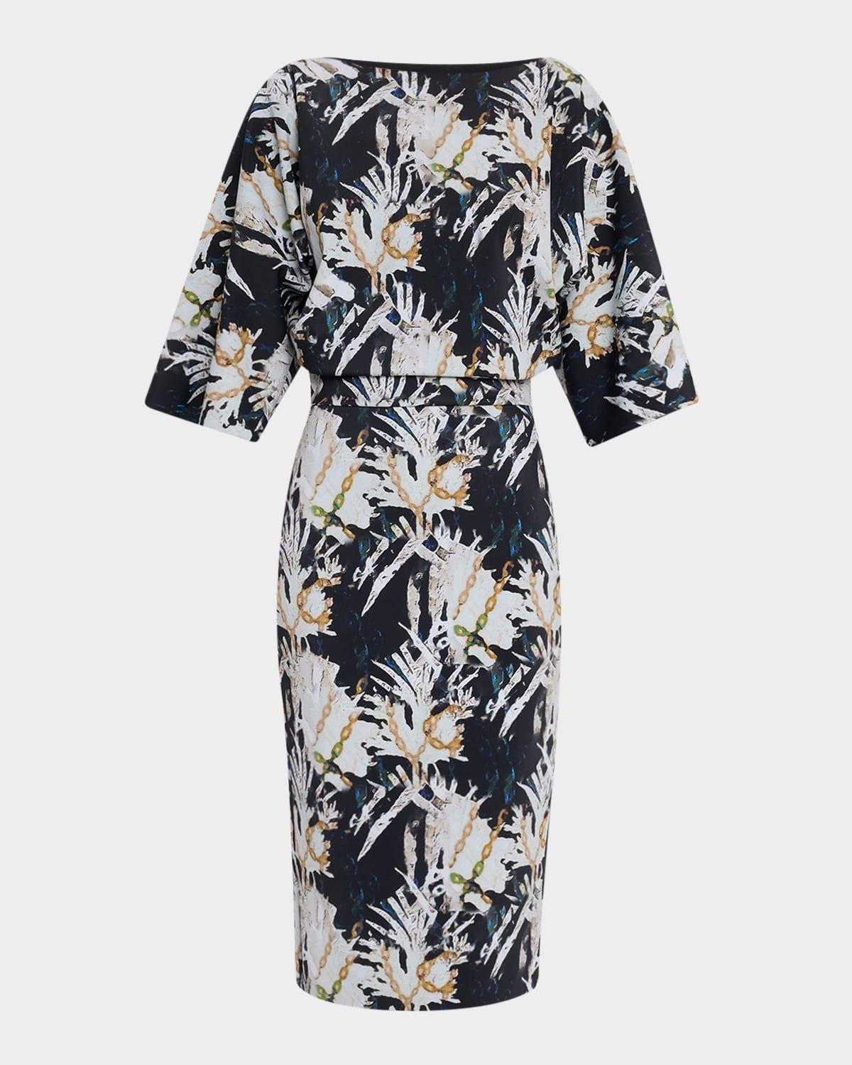 abstract-print blouson midi dress