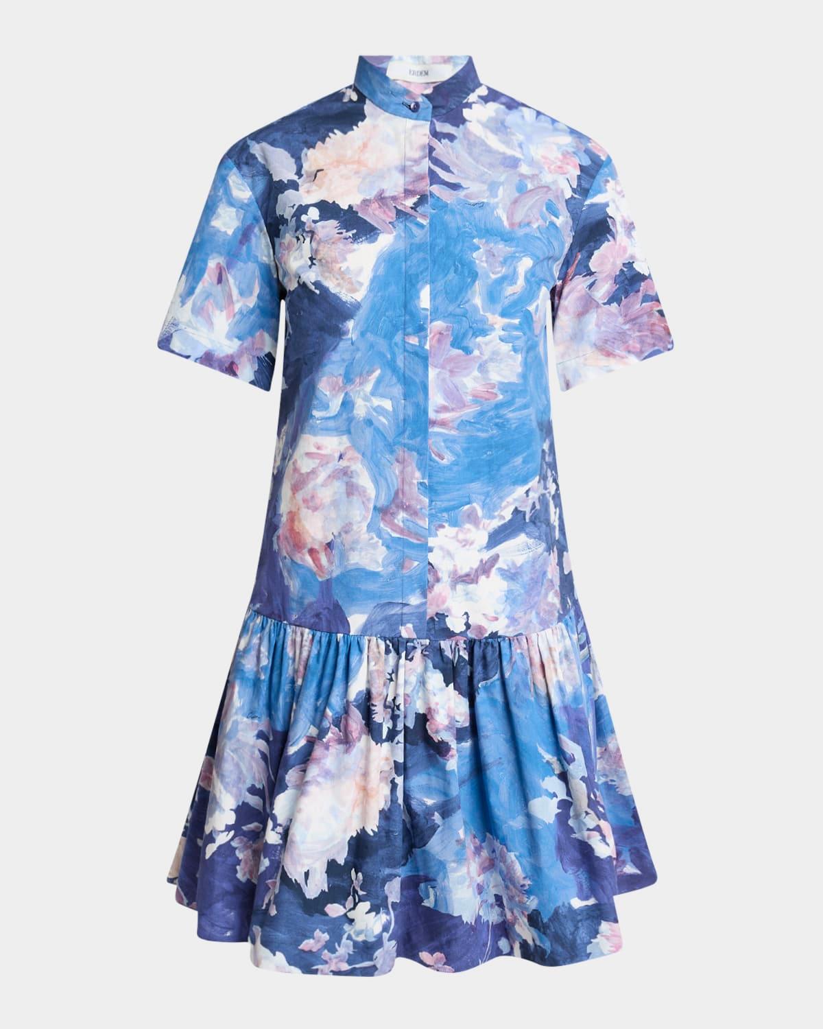 abstract-print short-sleeve ruffle mini shirtdress