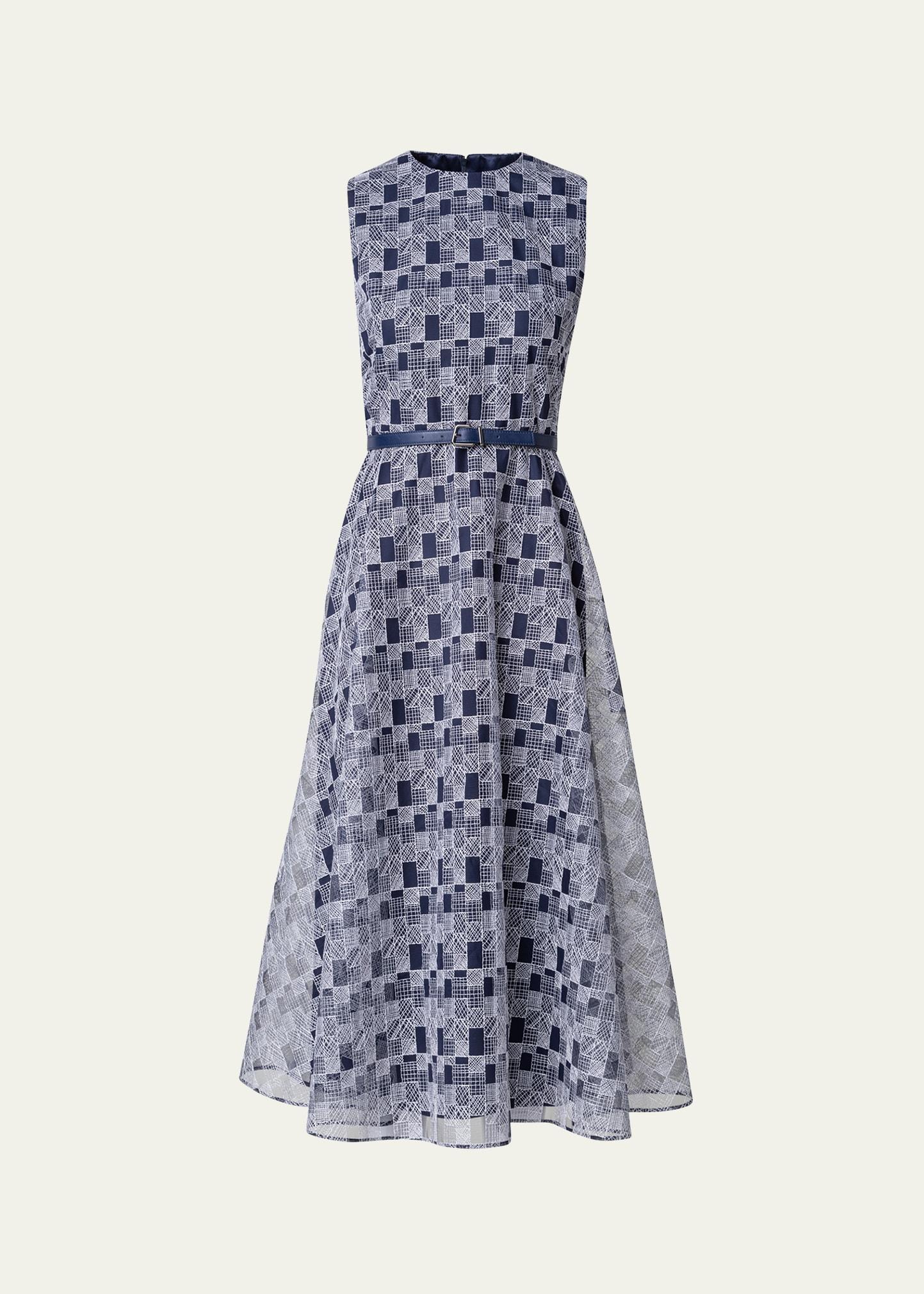 abstract-print tulle belted midi dress