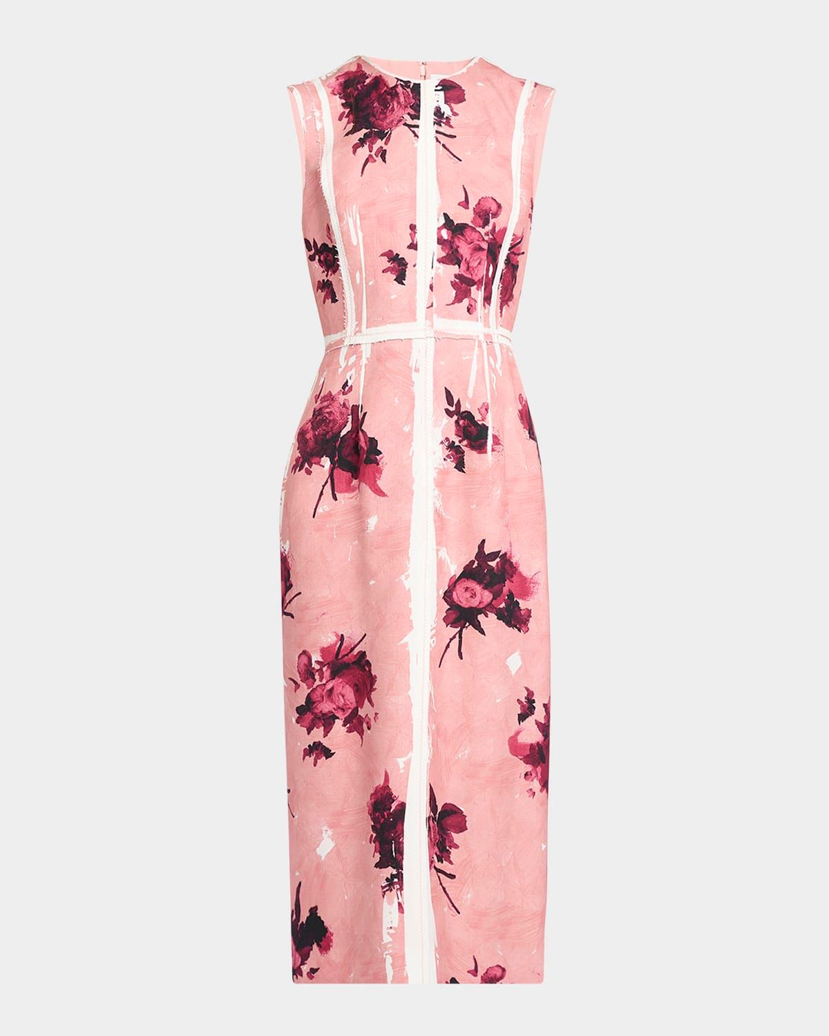 abstract rose sleeveless pencil midi dress