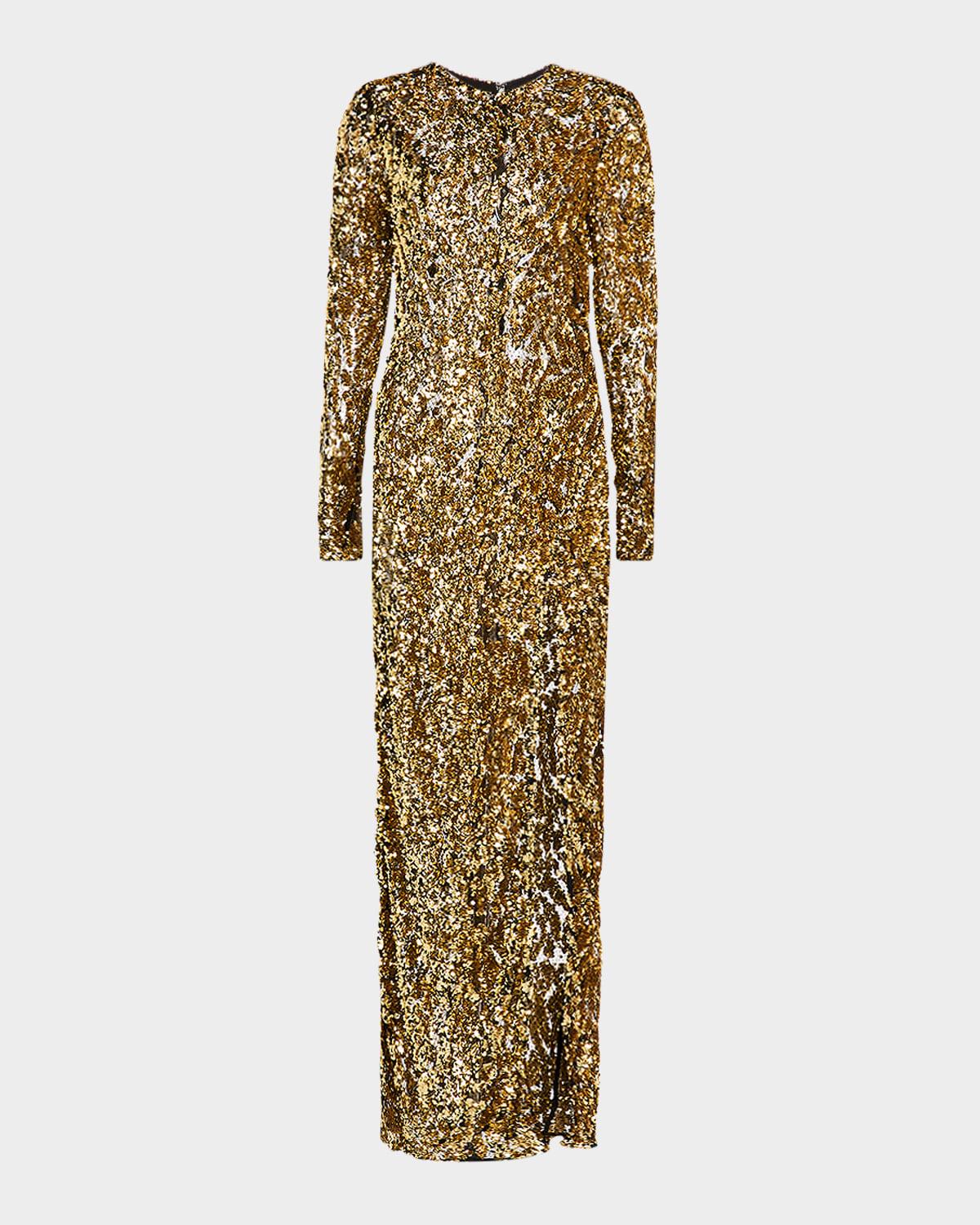 abstract sequin long-sleeve slit gown