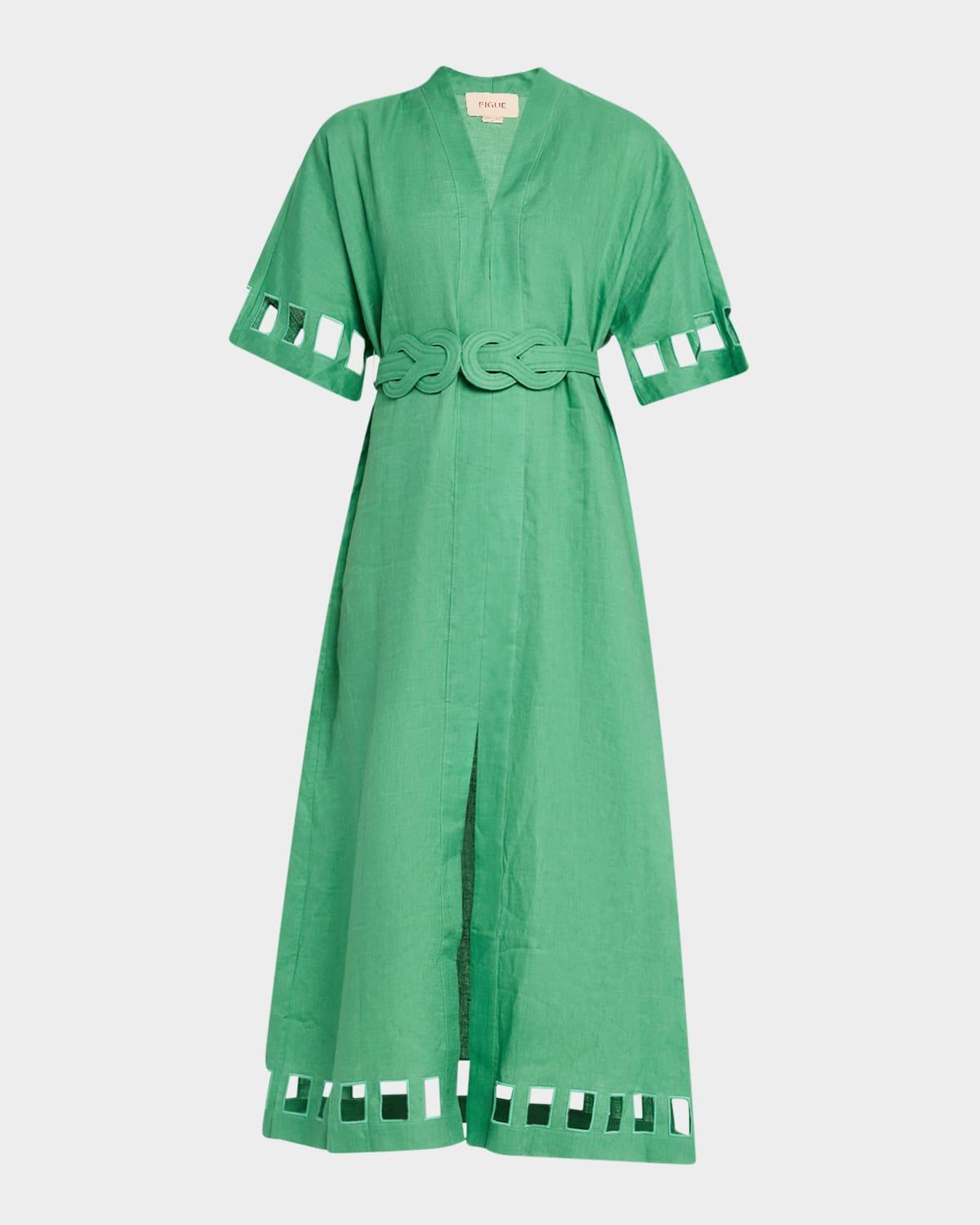 adalaide short-sleeve belted linen midi dress