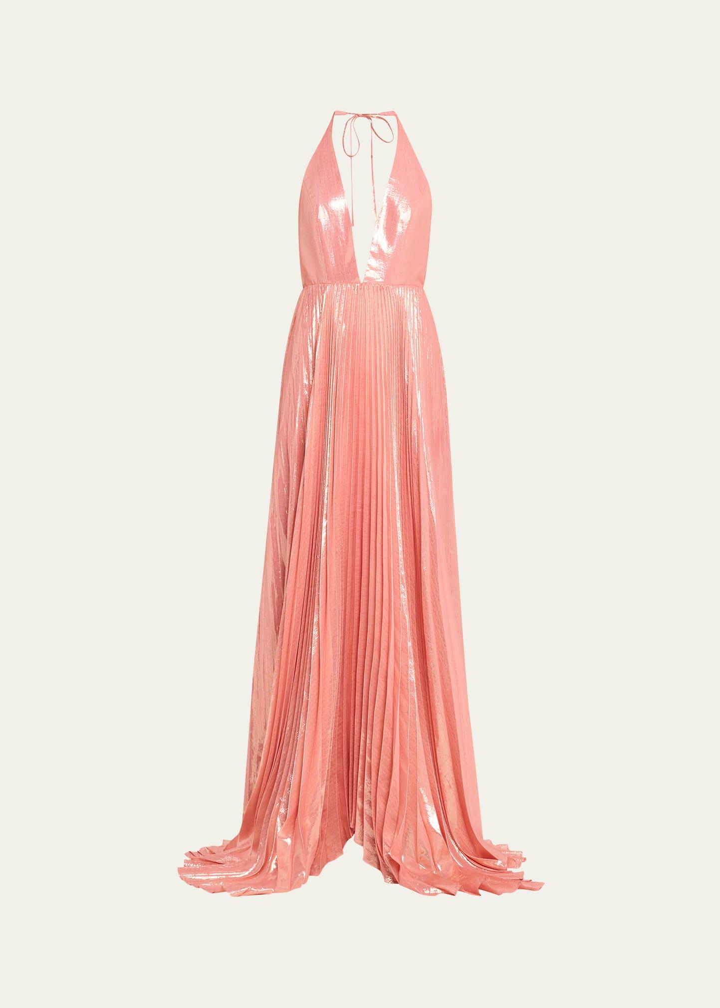 adalyn pleated metallic halter maxi dress