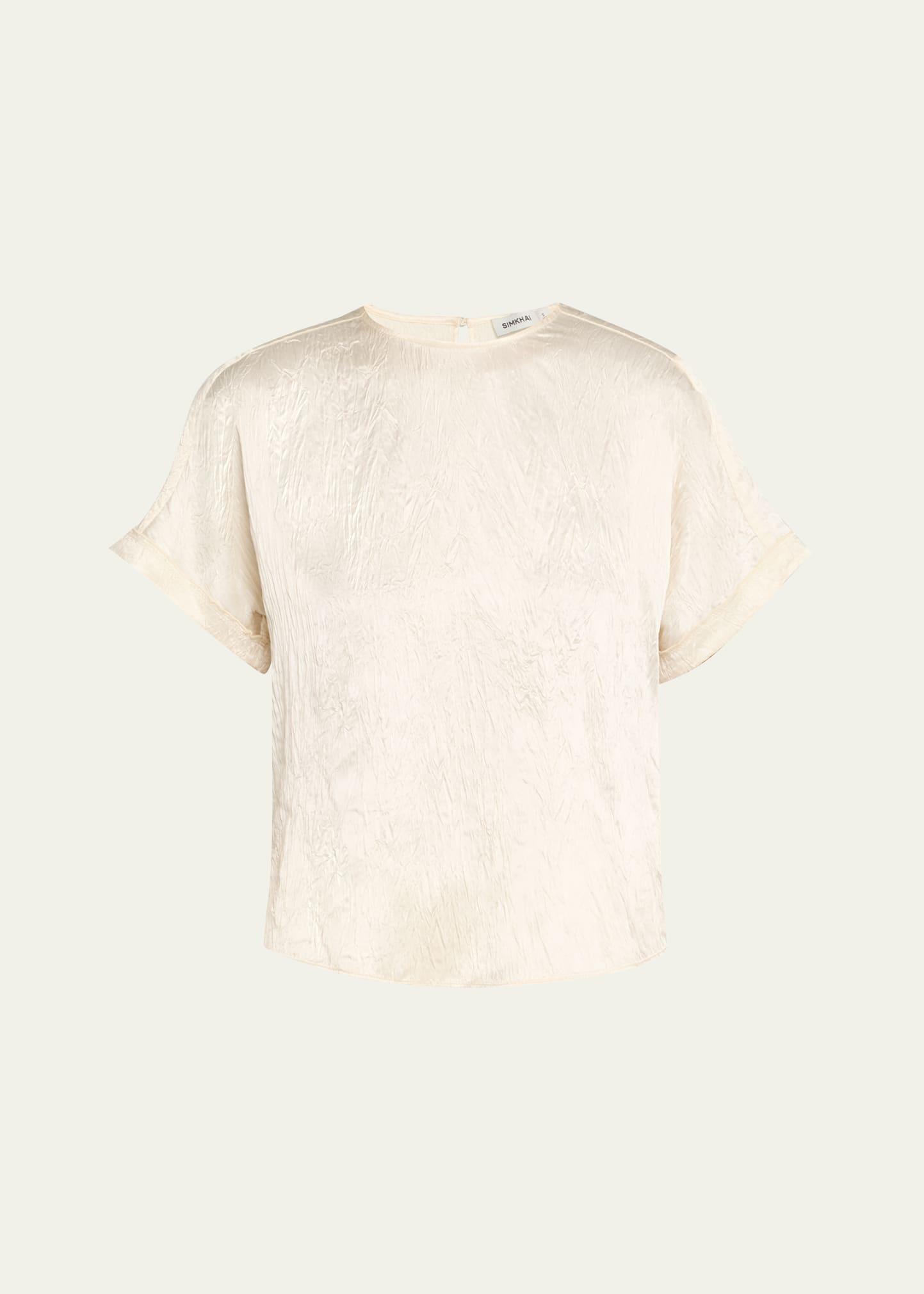 addison short-sleeve crinkled satin shirt