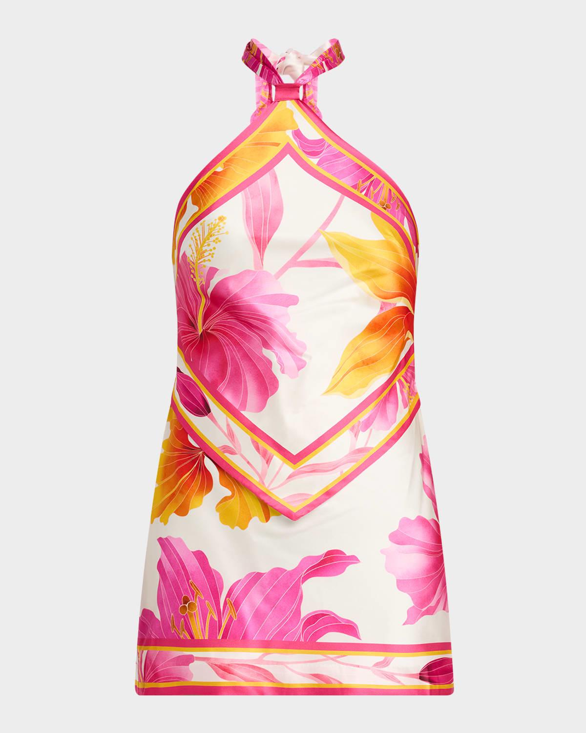adelaide floral silk halter mini dress