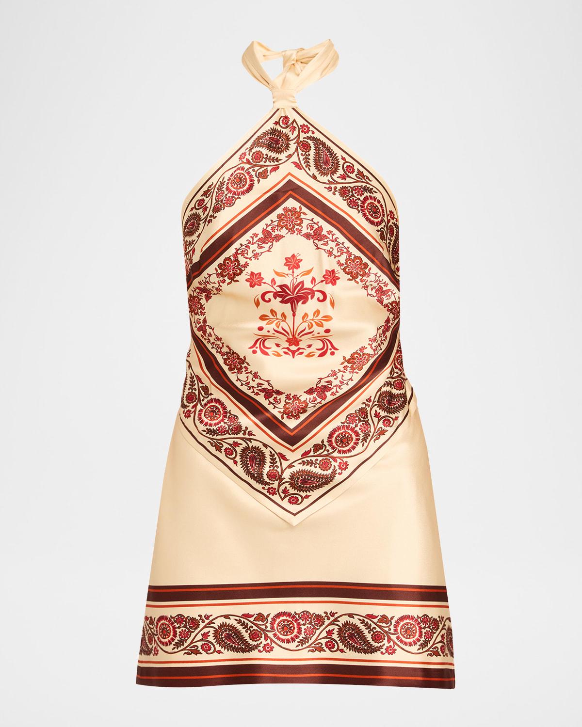 adelaide floral silk knotted halter overlay mini dress