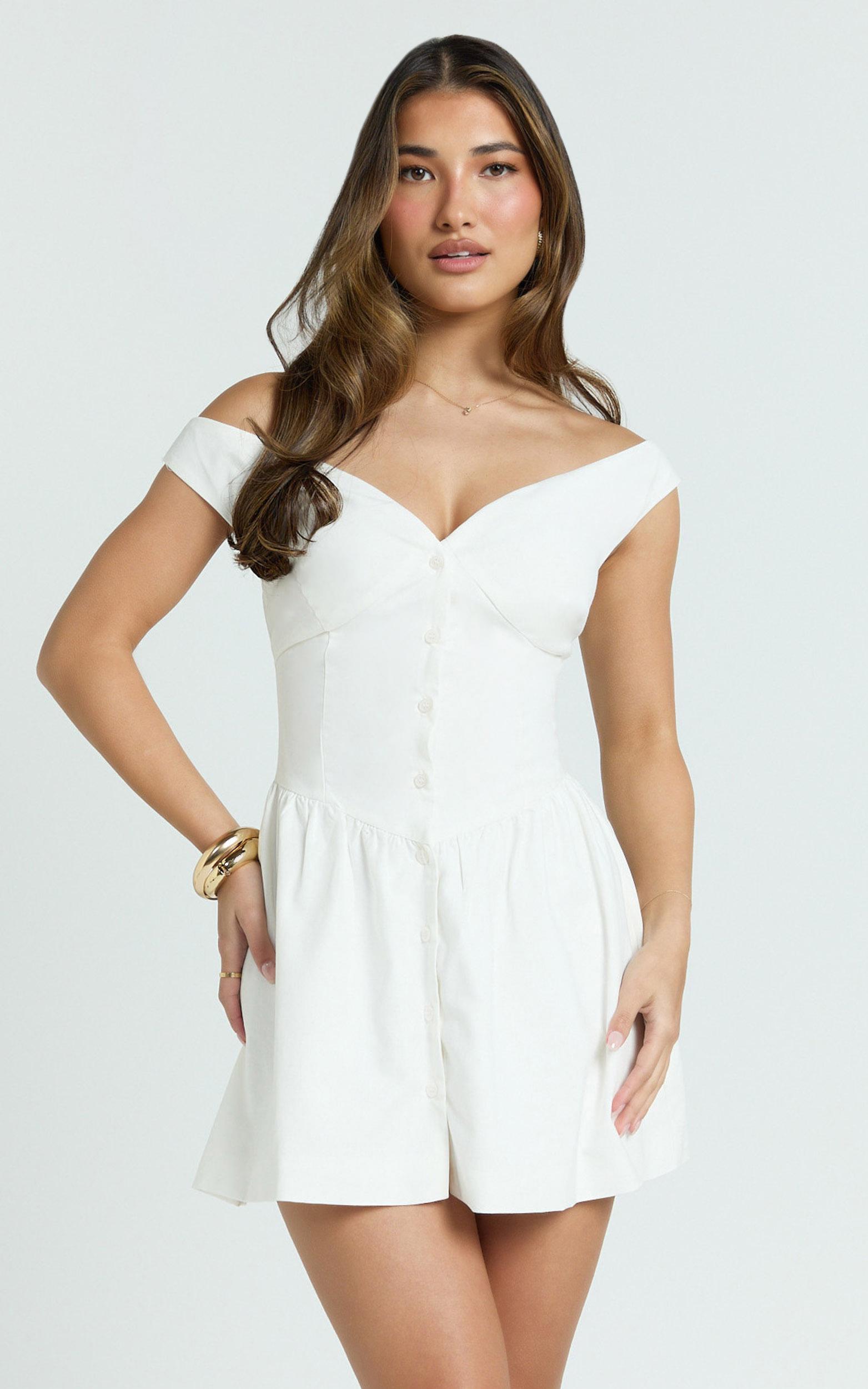 adelaide mini dress - off shoulder button front fit and flare dress in white