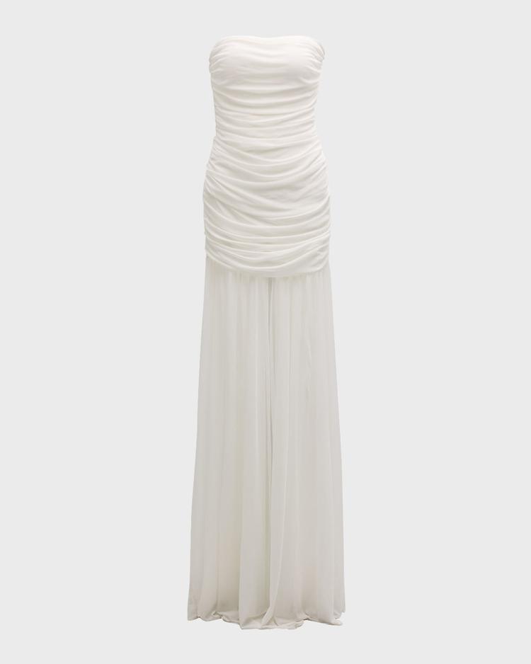 Retrofête Adele Ruched Strapless Maxi Dress – A strapless white maxi dress featuring ruched detailing, a dramatic thigh-high slit, and a dropped waist.