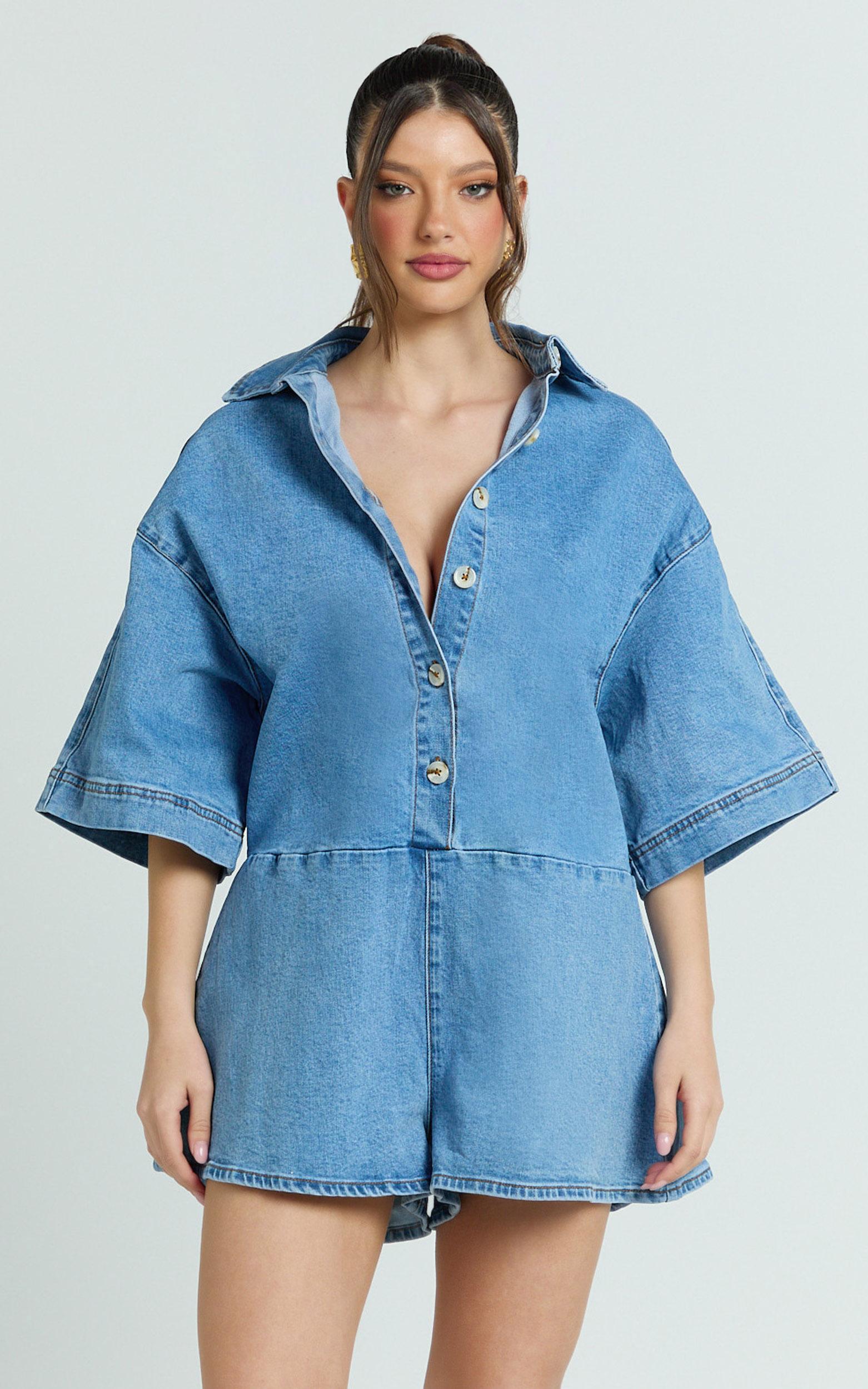 adelina playsuit - relaxed button down short sleeve denim playsuit in light blue wash
