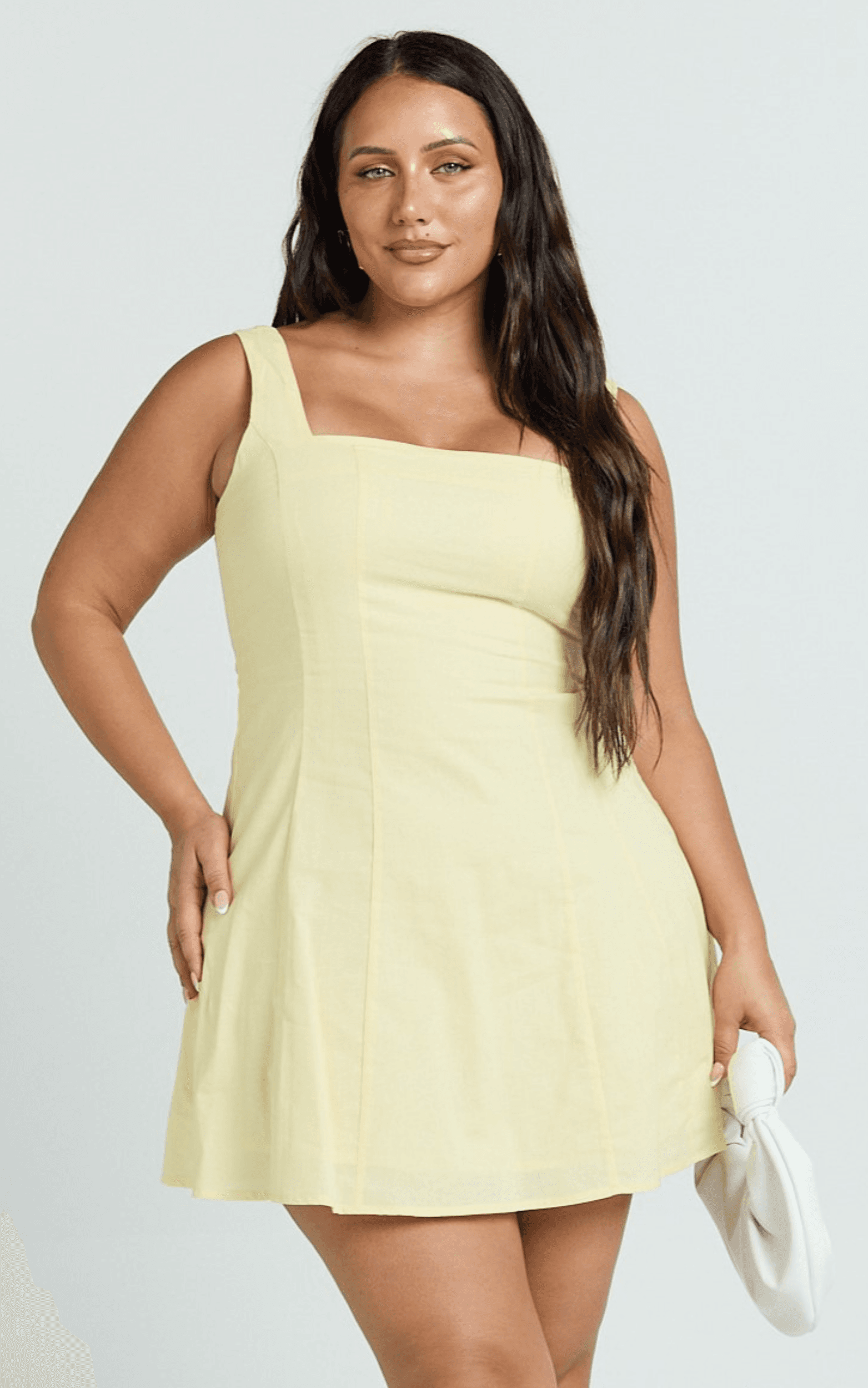 adiana mini dress - linen square neck shirred back a line dress in lemon