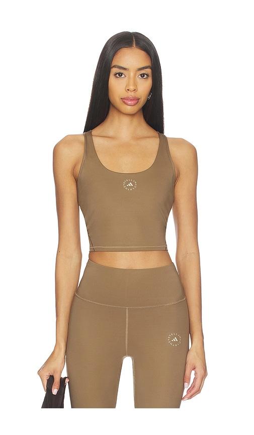 adidas by stella mccartney true strength yoga crop top in tan.
