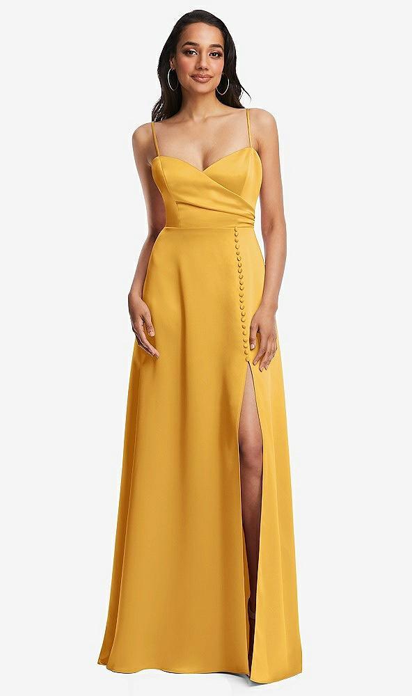 adjustable strap faux wrap maxi dress with covered button details