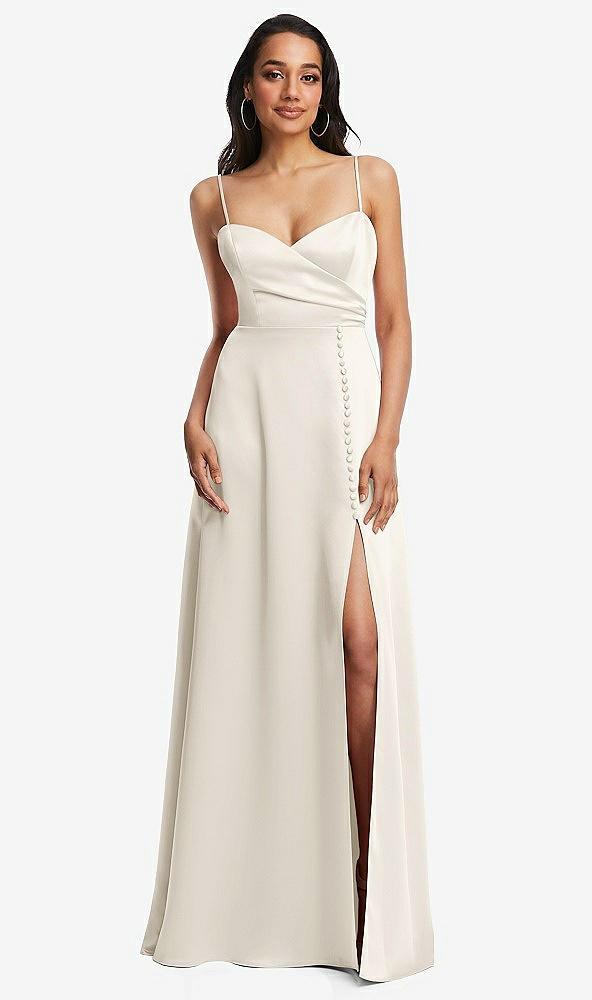 adjustable strap faux wrap maxi dress with covered button details