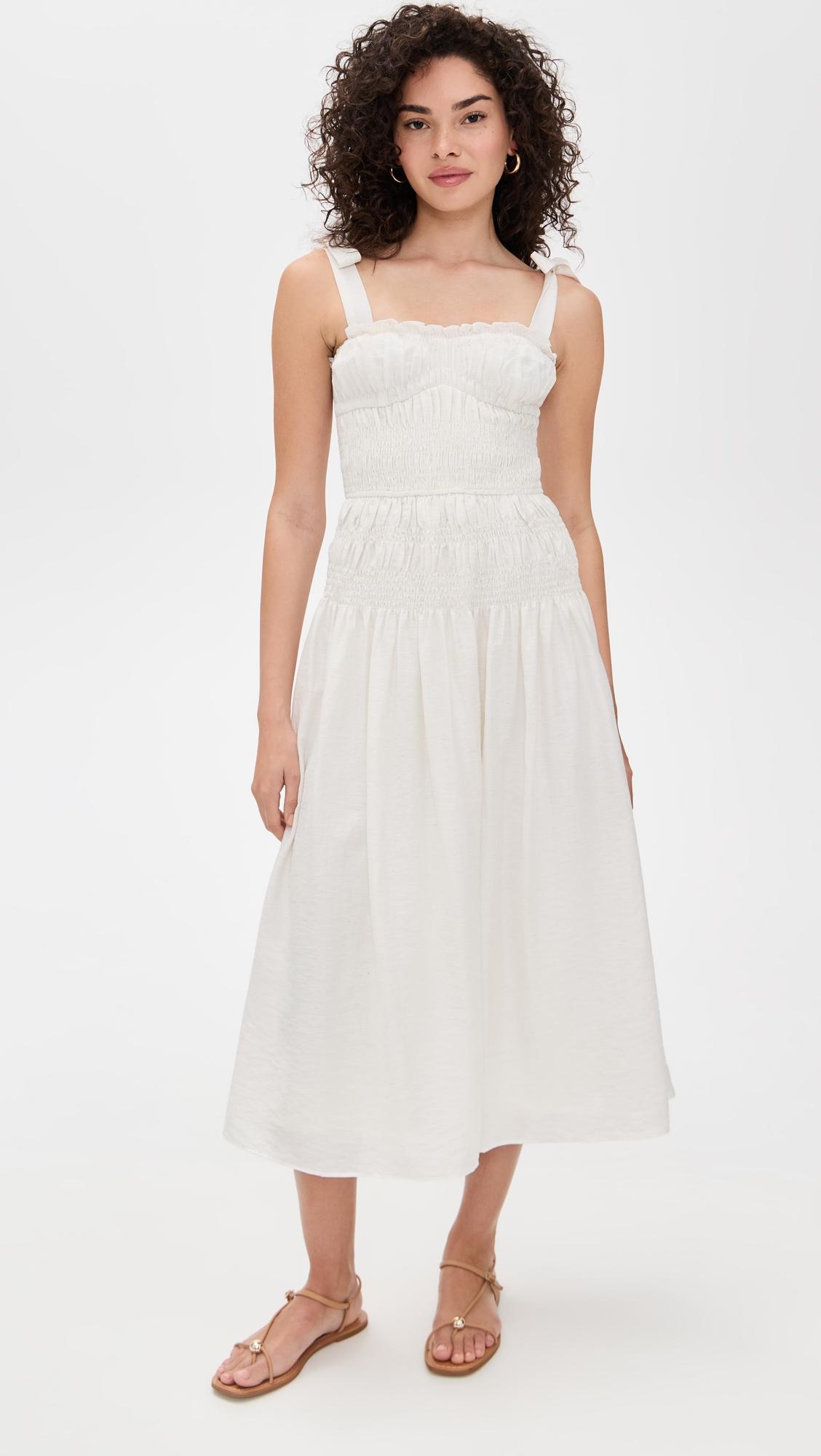 adjustable strap shirred midi dress