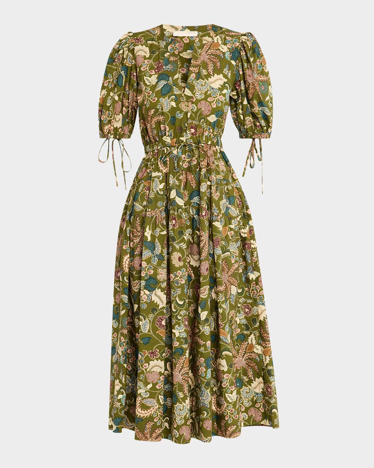 adriana puff-sleeve v-neck midi dress