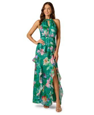 adrianna papell womens printed halter neck ball gown