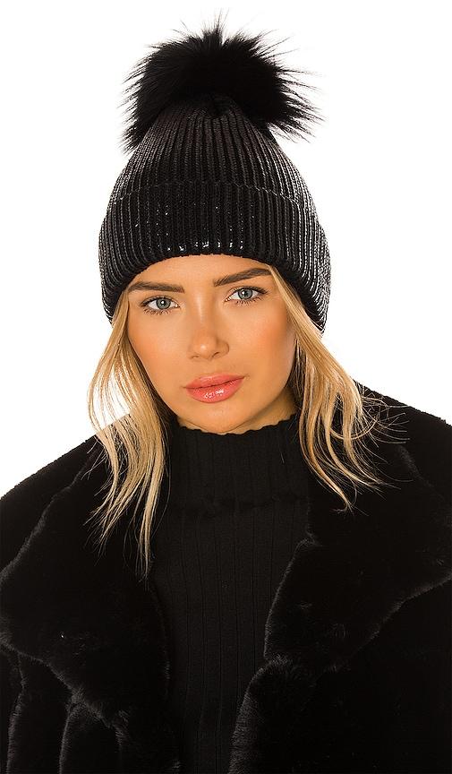adrienne landau metallic pom hat in black.