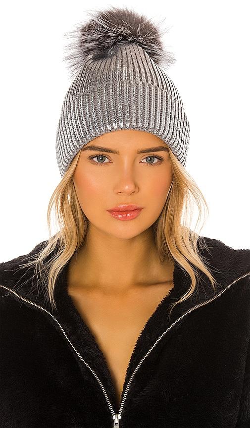 adrienne landau metallic pom hat in metallic silver.
