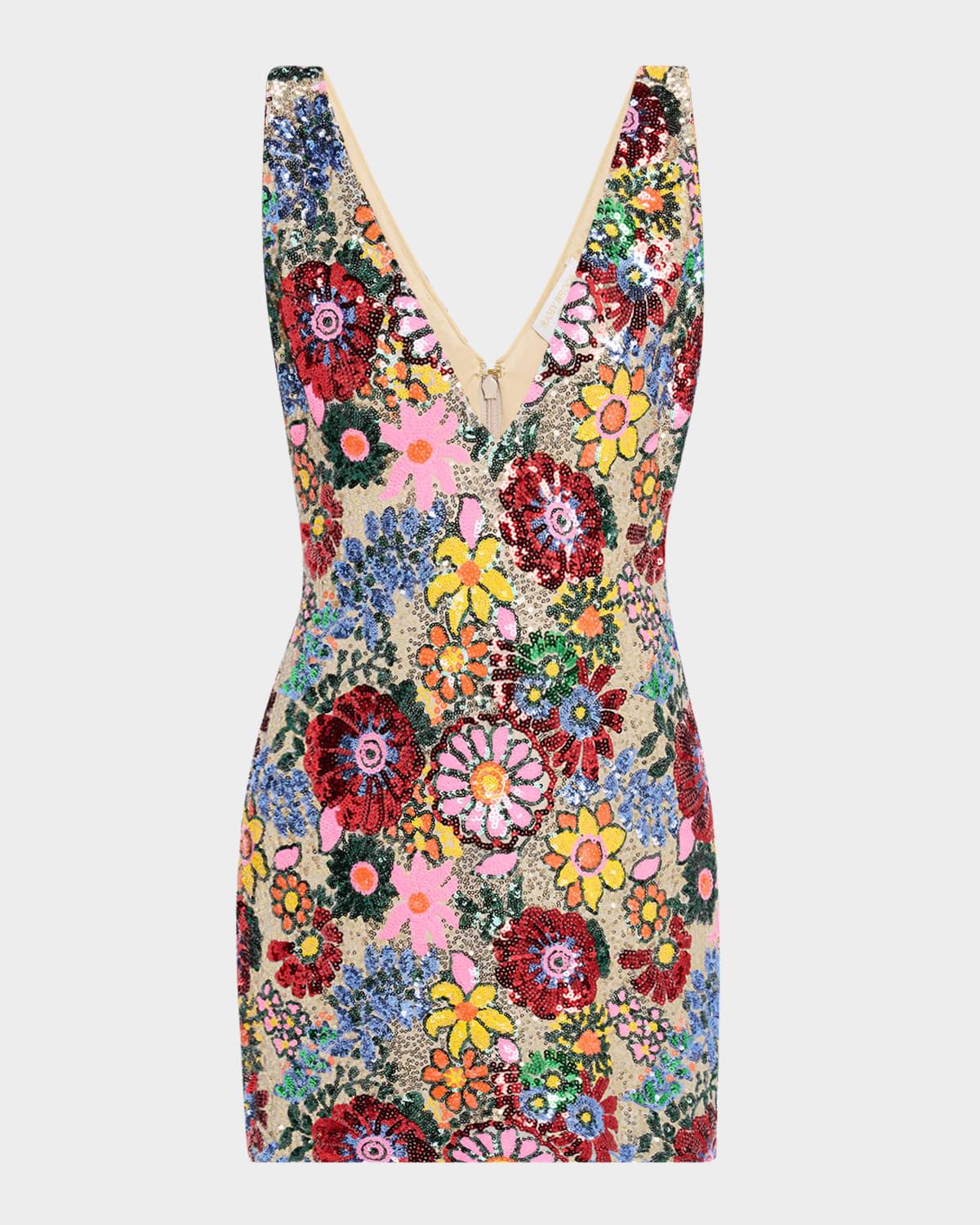 aera deep v-neck floral sequin mini dress