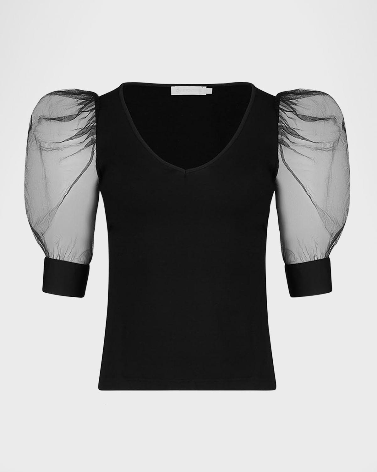 aerial sheer puff-sleeve v-neck t-shirt