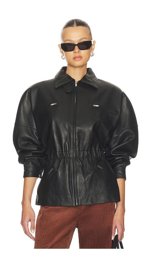 aexae leather cinched mid jacket in black.