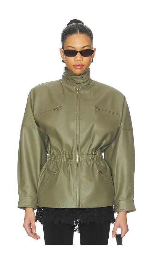 aexae leather cinched mid jacket in olive.