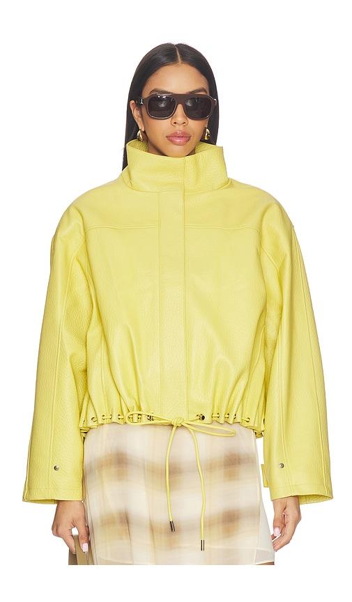 aexae leather pebble utility jacket in yellow.