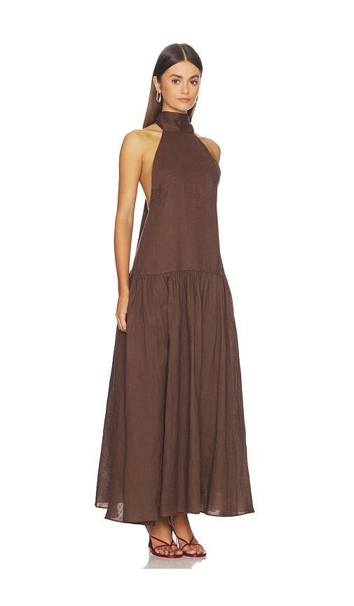 aexae linen halter drop waist maxi dress in brown.