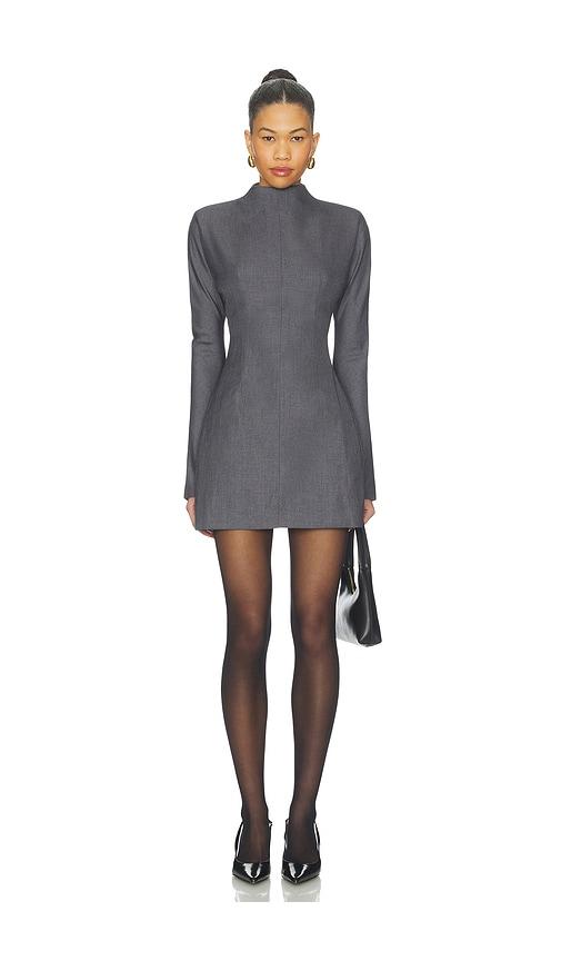 aexae wool contoured turtleneck long sleeve mini dress in charcoal.