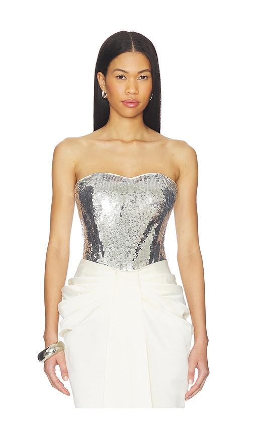 afew rahul mishra sequined leotard in metallic silver, grey.