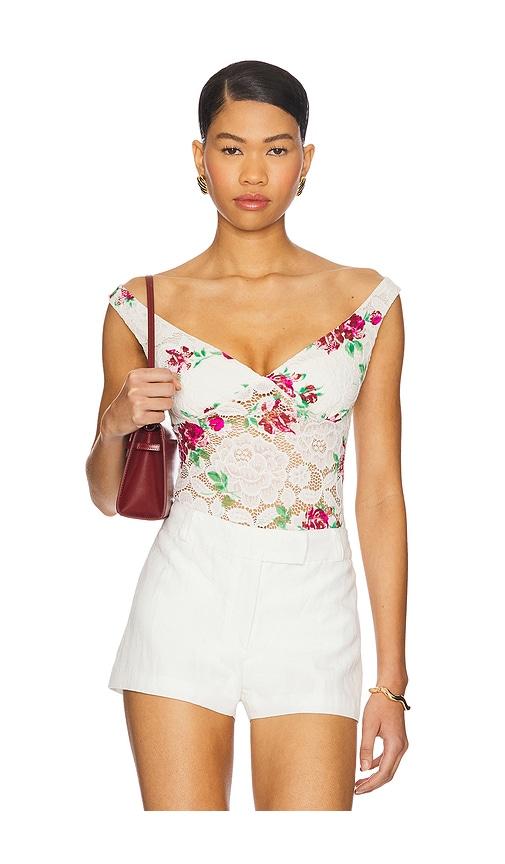 afrm alexis chrochet lace bodysuit in white.