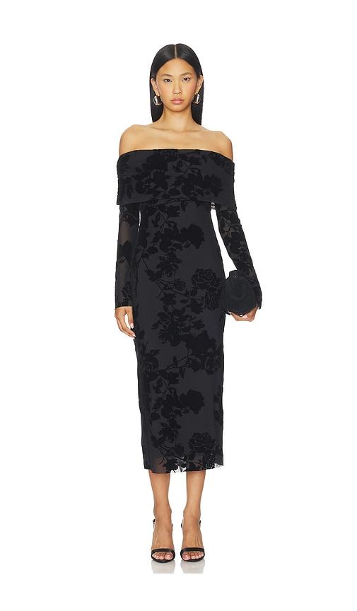 afrm cornelia flock mesh dress in black.