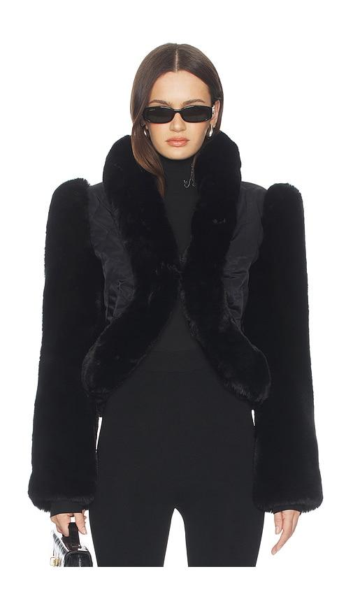 afrm daya faux fur jacket in black.