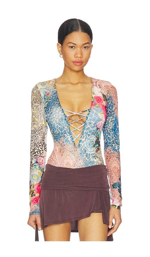 afrm eaton bodysuit in brown,blue.