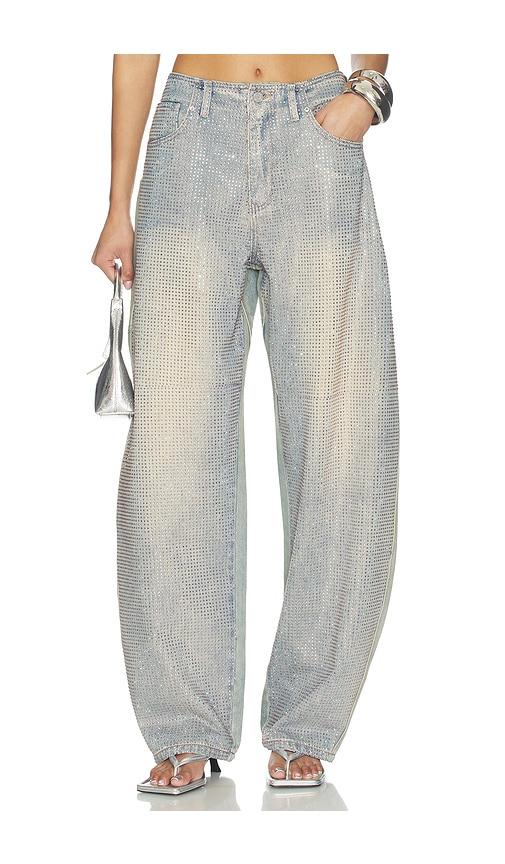 afrm prescott barrel jeans in blue.