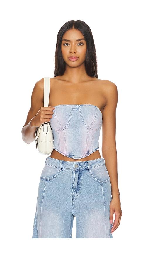 afrm reid bustier in denim-light.