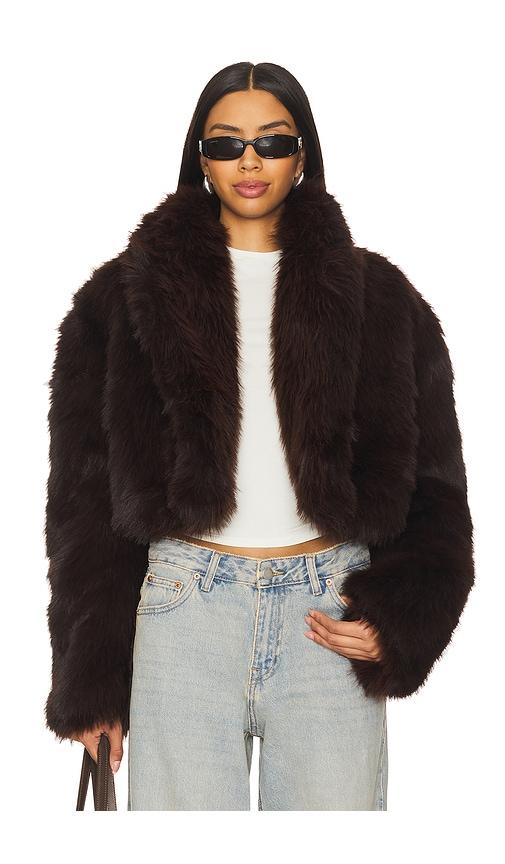 afrm stephanie barrel crop faux fur jacket in brown.