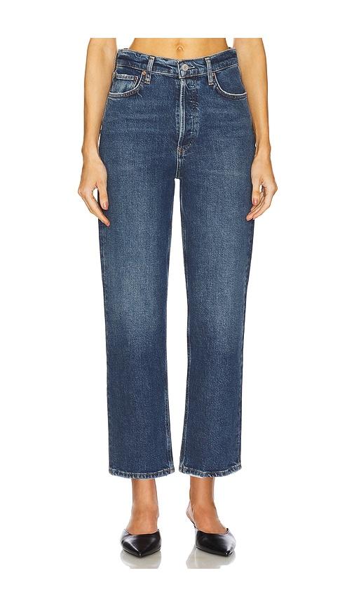 agolde 90's pinch waist crop jeans in blue.