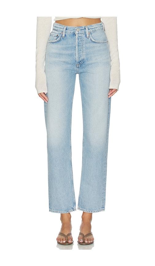 agolde 90's pinch waist high rise straight jeans in blue.