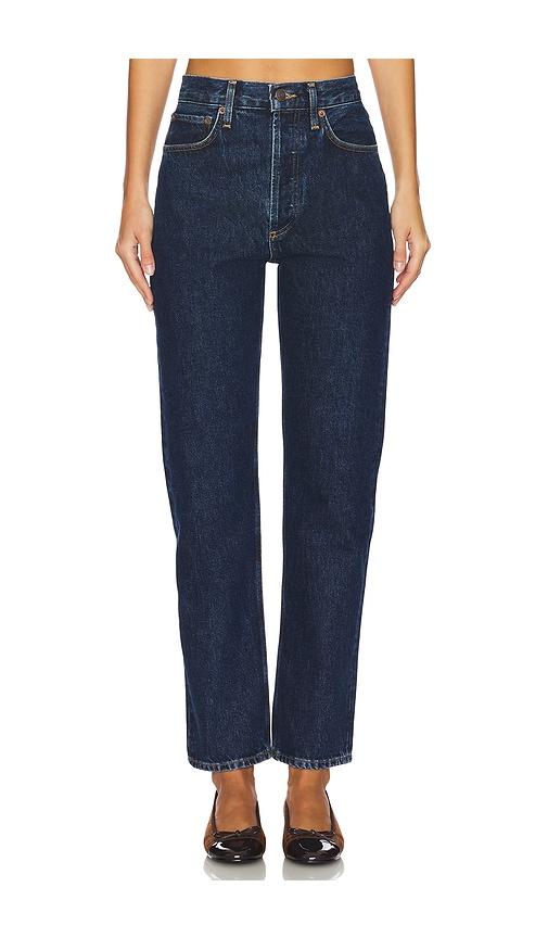 agolde 90's pinch waist high rise straight jeans in denim-dark.